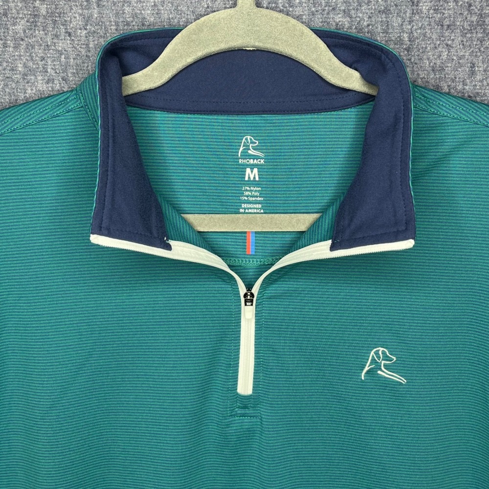 Rhoback Mens Performance Quarter Zip Pullover Teal Green Striped Size M Golf